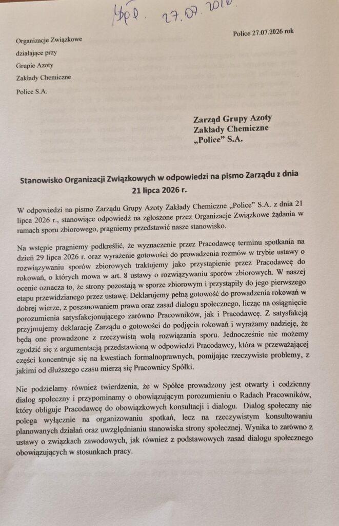 Spór zbiorowy. Pismo pracodawcy i organizacji związkowych