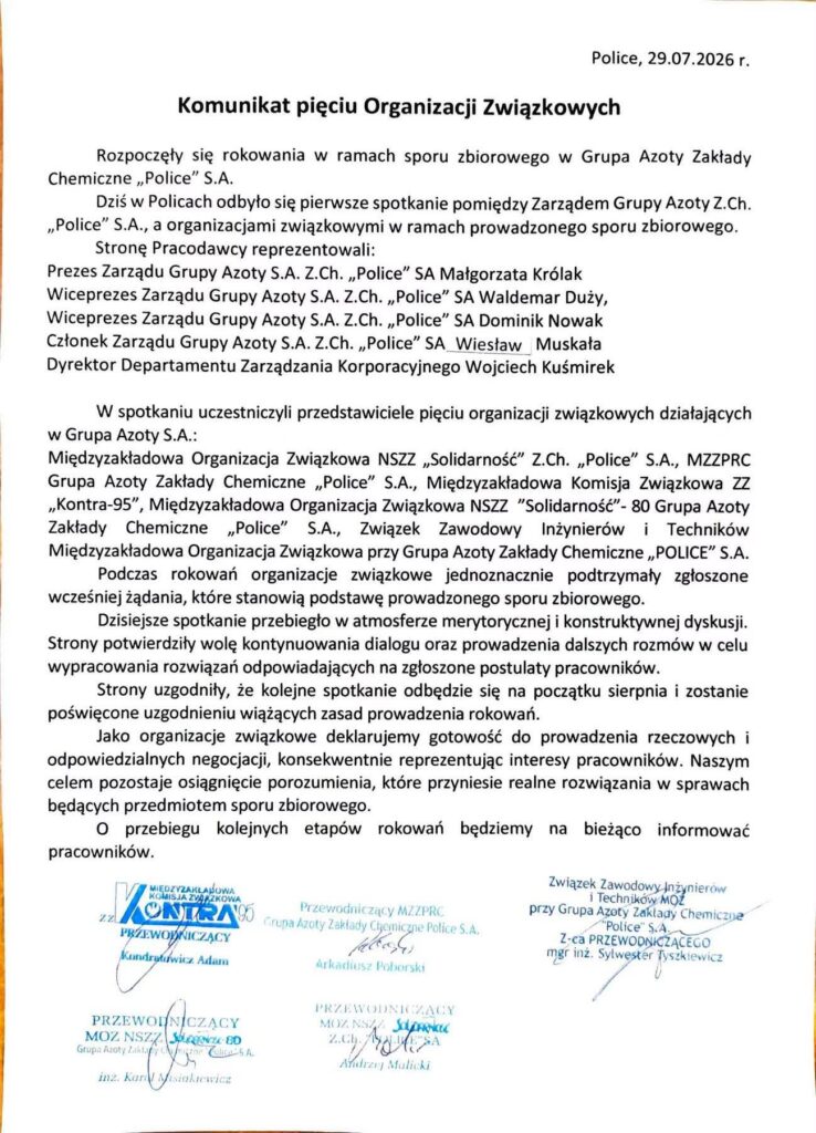 Komunikat pięciu organizacji związkowych
