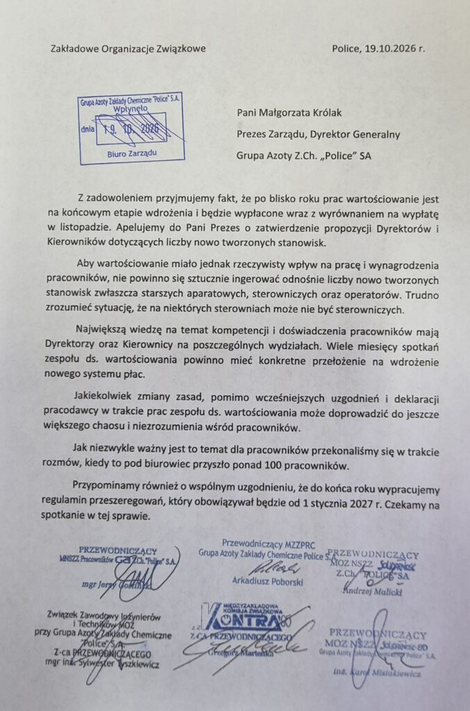 Pismo w sprawie wartościowania
