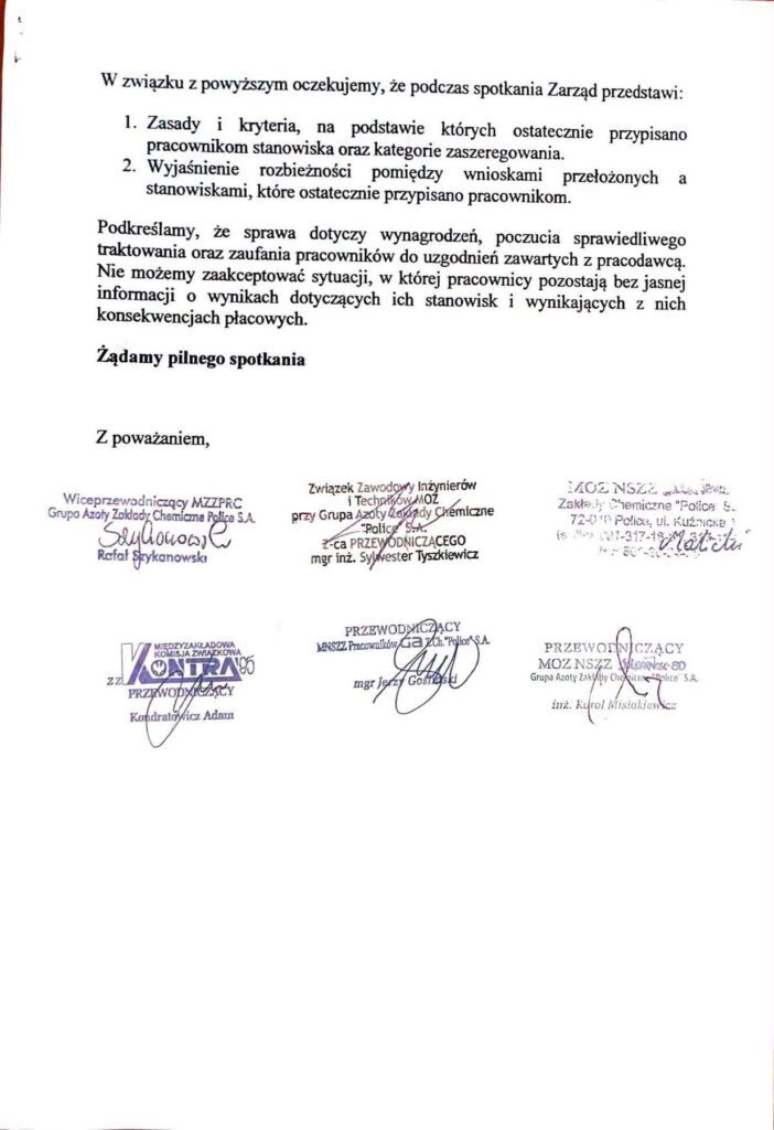 Wniosek o pilne spotkanie z Prezes